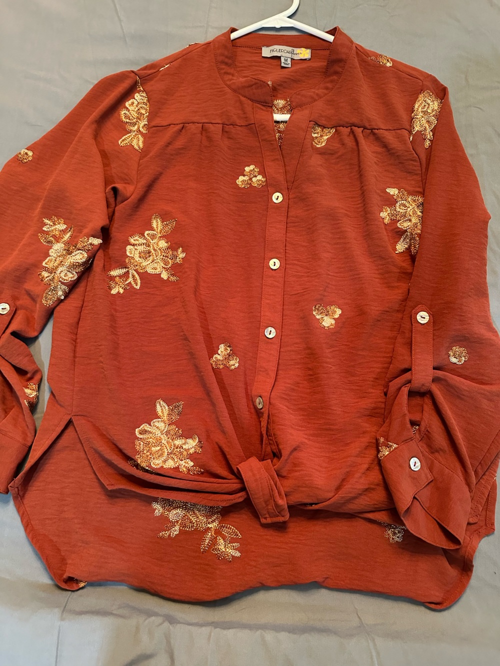 FiguerOAELLOWEN Woman’s  Rust Orange Embroidered Button-Up Shirt